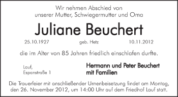 Traueranzeige von Juliane Beuchert von Pegnitz-Zeitung
